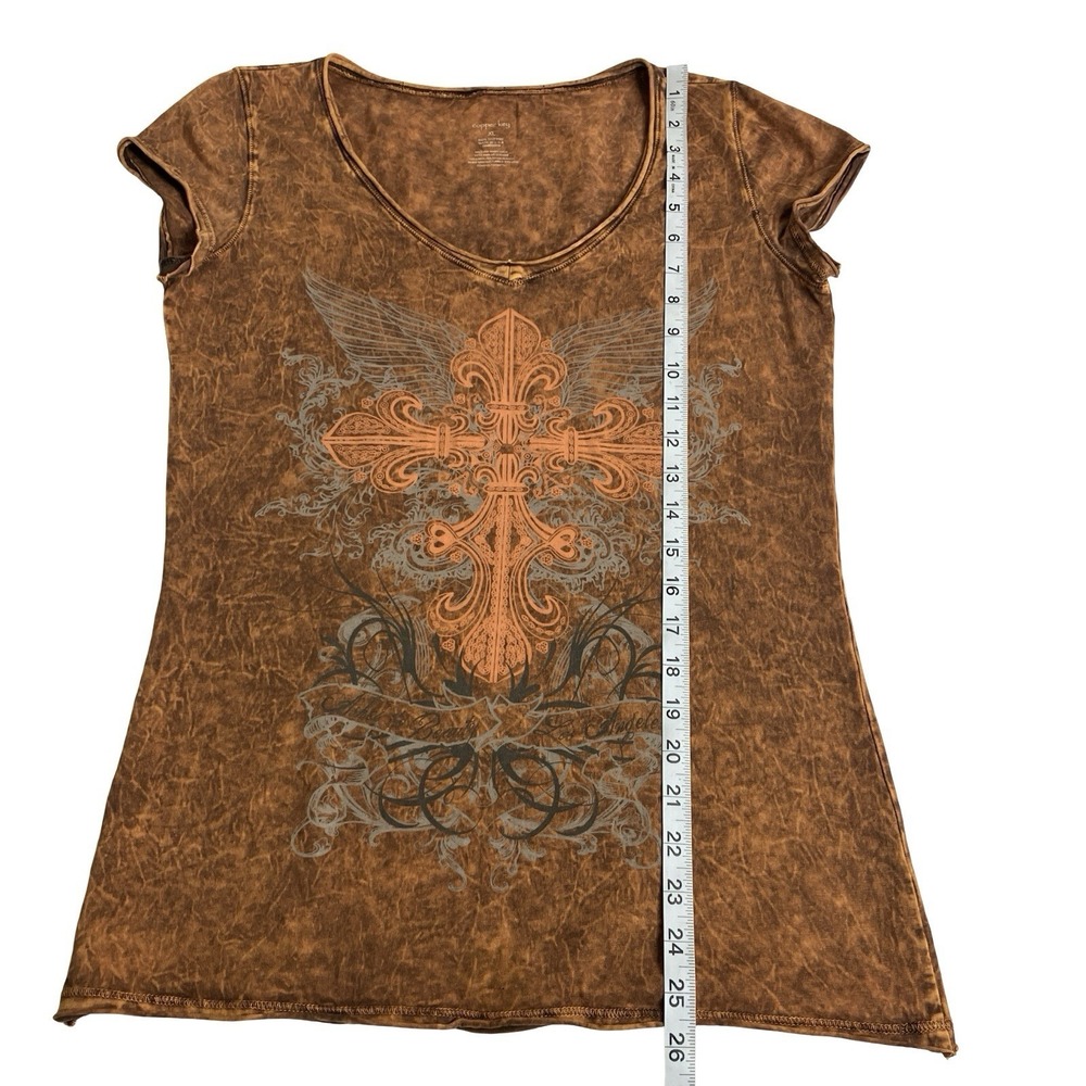 Y2K Copper Key Womens XL Cross Wings Tattoo Graphic Tee Mall Goth Alt Biker - Picture 7 of 9